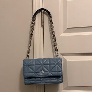 Michael Kors Blue Quilted Shoulder Bag with Silver Chain